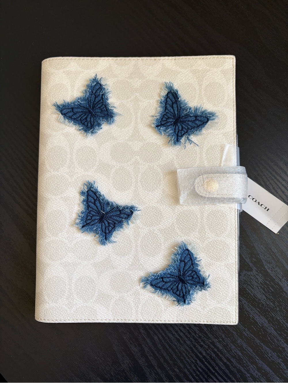 Coach White Signature Notebook Cover with Blue Denim Butterfly Patches - Picture 1 of 6